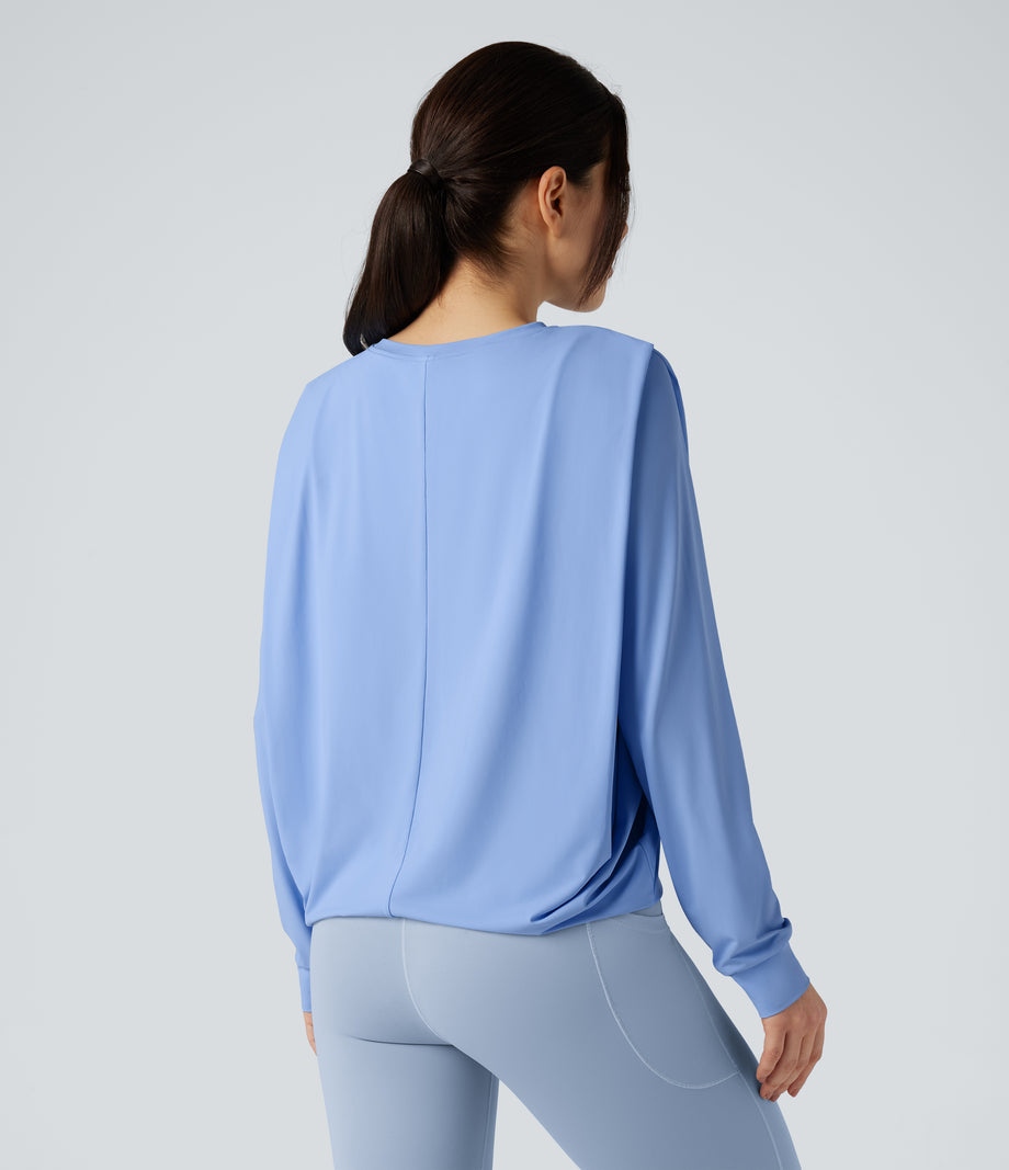 Round Neck Long Sleeve Ruched Yoga Sports Top-UPF50+ - Sky Blue