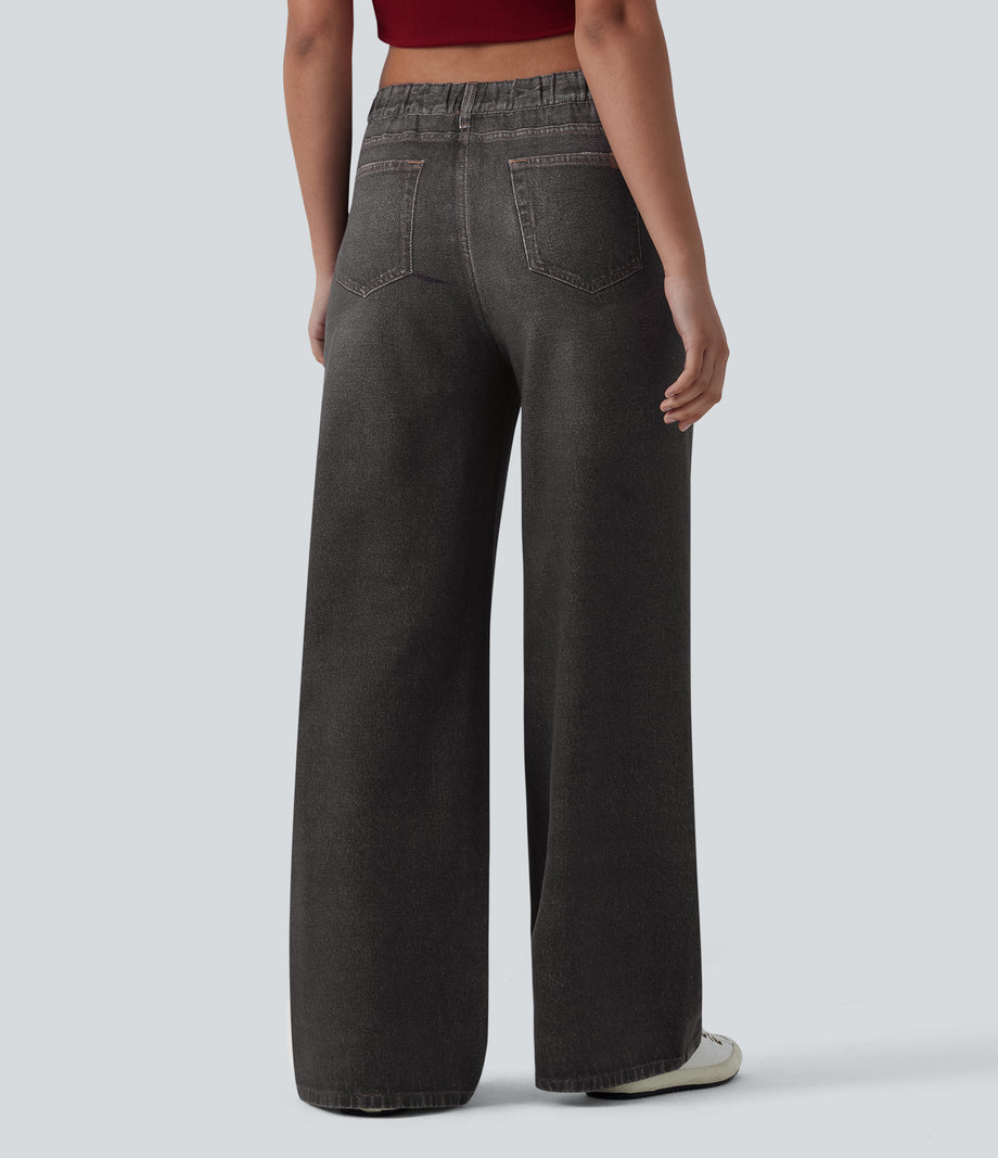 Mid Rise Denim Print French Terry Casual Sweatpants Jeans with Pockets - Distressed Washed Black