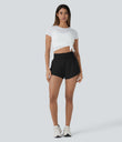 SoftlyZero™ QuickDry High Waisted Tummy Control Reflective Dots Crossover Hem 2-in-1 Running Shorts 3'' with Pockets - Black