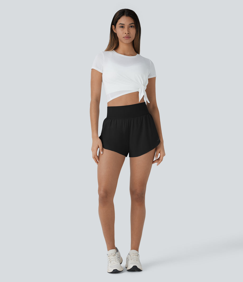 SoftlyZero™ QuickDry High Waisted Tummy Control Reflective Dots Crossover Hem 2-in-1 Running Shorts 3'' with Pockets - Black