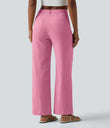 High Waisted Straight Leg Casual Linen-Feel Pants with Pockets - Dusty Rose Weave