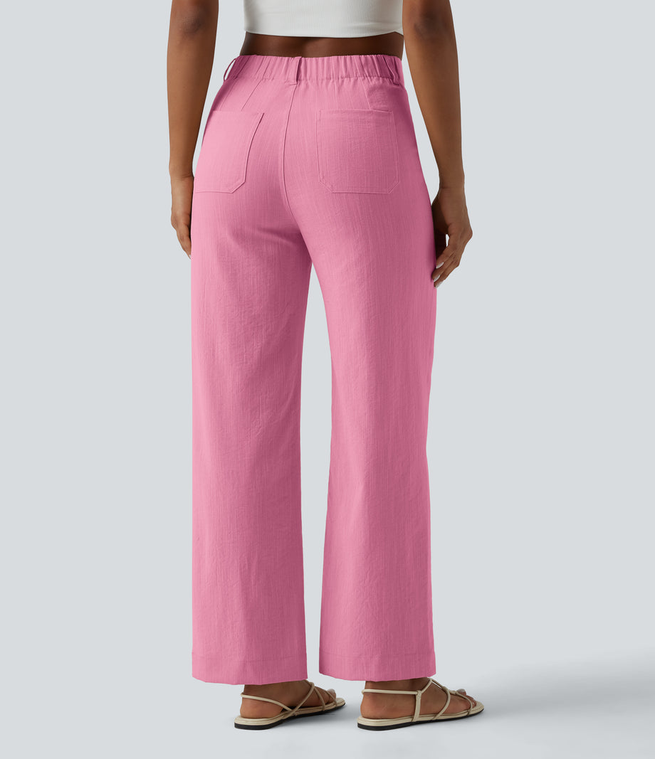 High Waisted Straight Leg Casual Linen-Feel Pants with Pockets - Dusty Rose Weave