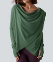 Hooded Cowl Neck Long Sleeve Thumb Hole Yoga Sports Top with Pockets - Dark Ivy
