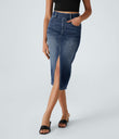 Halara Flex™ High Waisted Pockets Bodycon Washed Denim Casual Midi Skirt - Royal Blue Denim