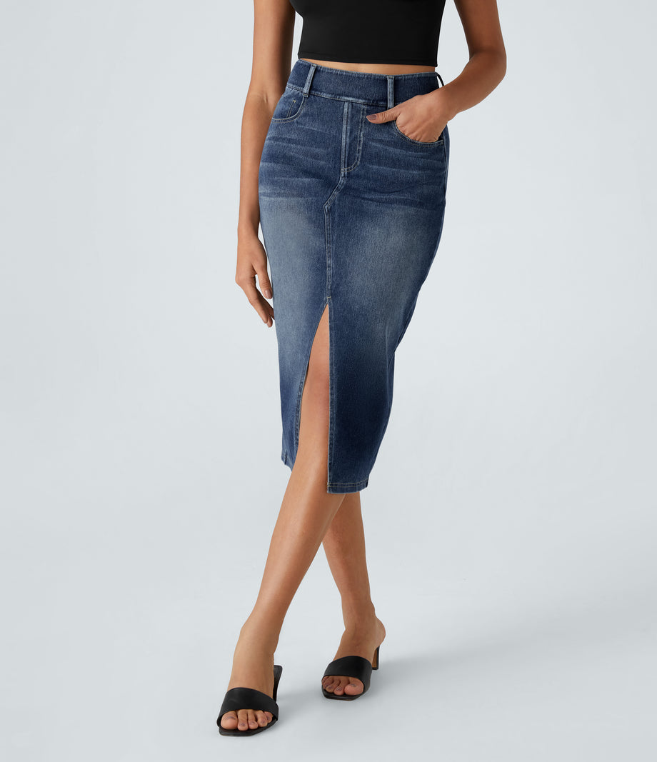 Halara Flex™ High Waisted Pockets Bodycon Washed Denim Casual Midi Skirt - Royal Blue Denim