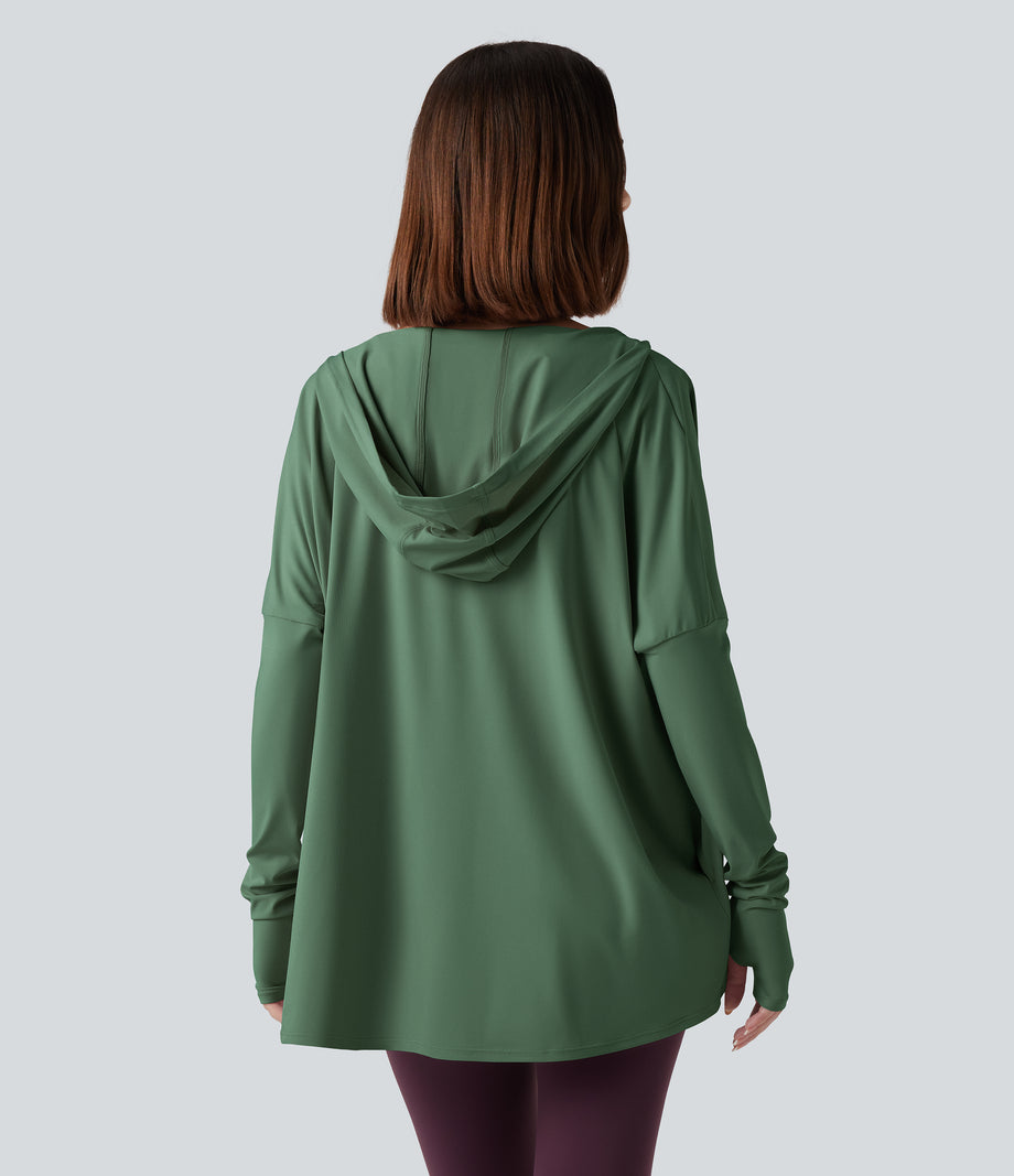Hooded Cowl Neck Long Sleeve Thumb Hole Yoga Sports Top with Pockets - Dark Ivy