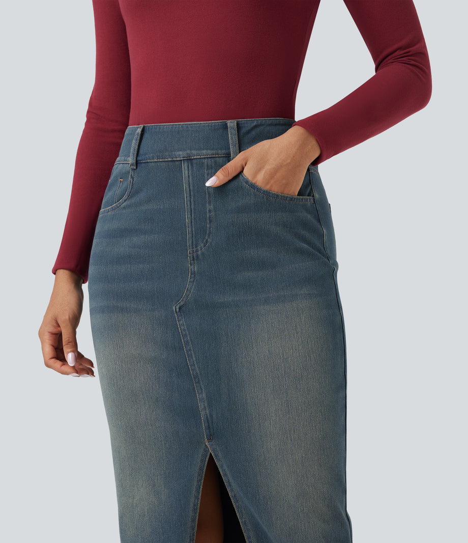 Halara Flex™ High Waisted Pockets Bodycon Washed Denim Casual Midi Skirt - Cement Blue Denim