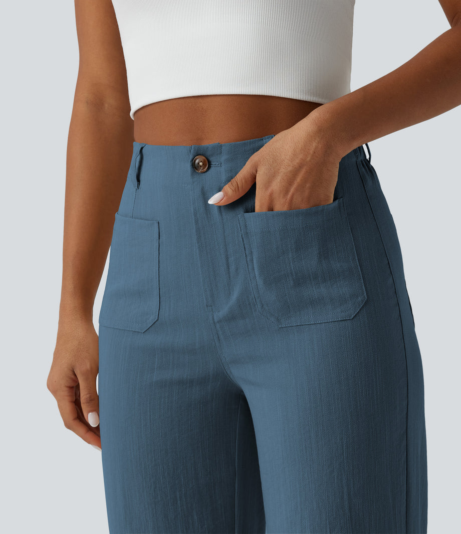 High Waisted Straight Leg Casual Linen-Feel Pants with Pockets - Morning Mist Blue 