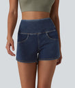 Halara Flex™ High Waisted Tummy Control Curved Hem Skinny Denim Casual Shorts with Pockets - Estate Blue Denim