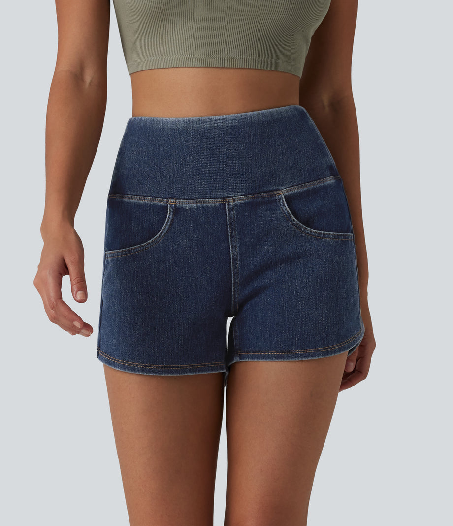 Halara Flex™ High Waisted Tummy Control Curved Hem Skinny Denim Casual Shorts with Pockets - Estate Blue Denim
