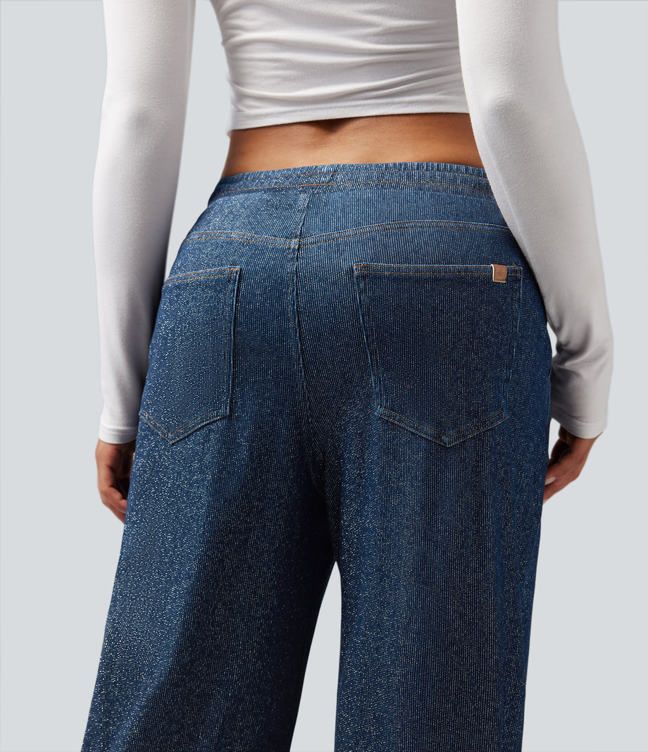 Halara Flex™ Low Rise Drawstring Wide Leg Sparkle Casual Sweatpants Jeans with Pockets - Pageant Blue Denim