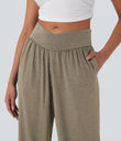 Crossover High Waisted Pocket Drawstring Casual Joggers - Khaki Floral Yarn