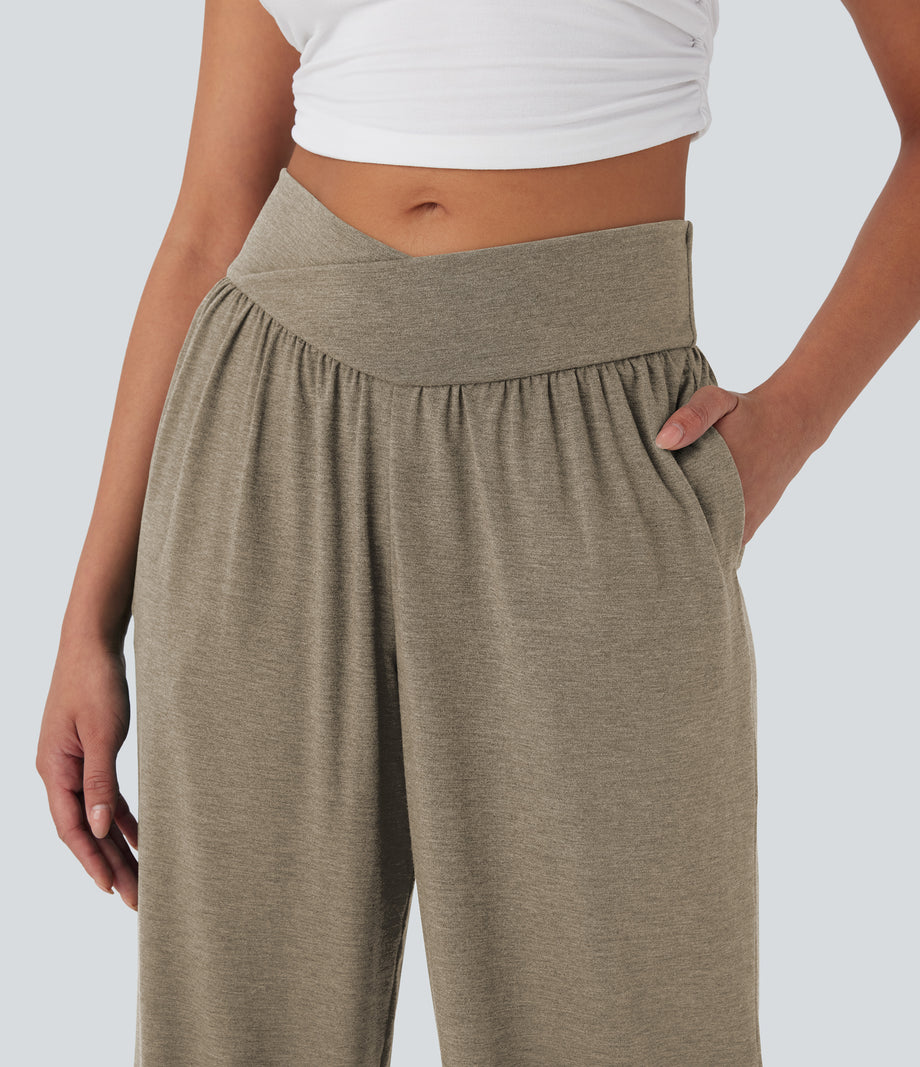 Crossover High Waisted Pocket Drawstring Casual Joggers - Khaki Floral Yarn