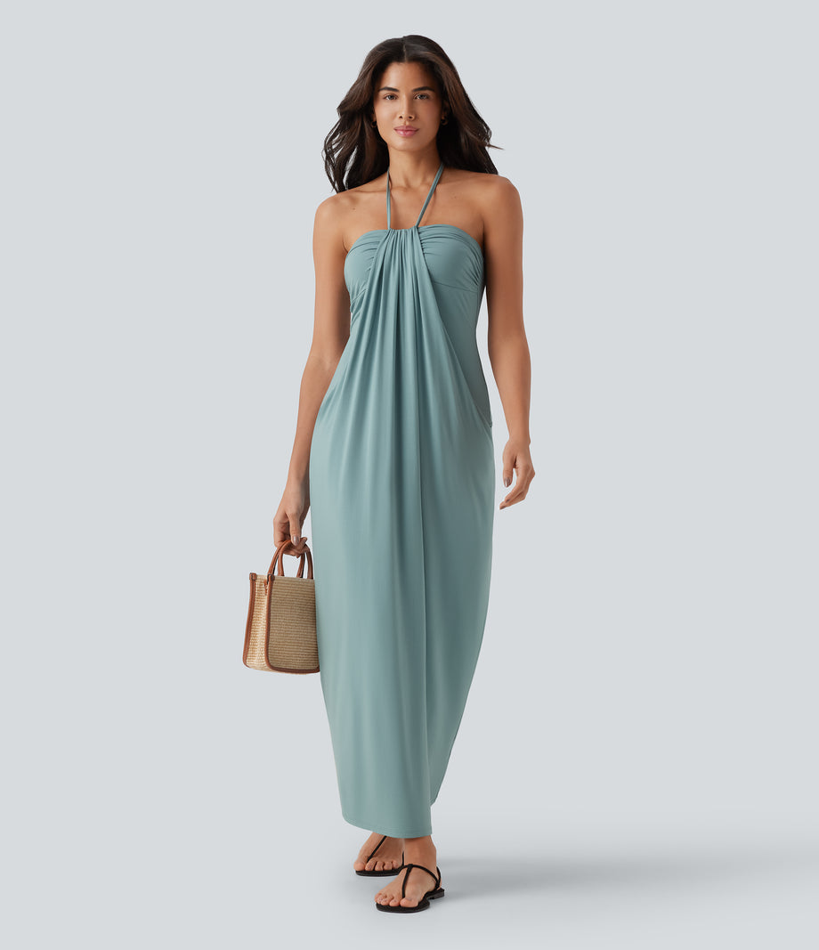 Halter Tie Back Maxi Dress with Pockets - Aquifer