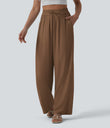 High Waisted Drawstring Wide Leg Casual Linen-Blend Pants with Pockets - Bison