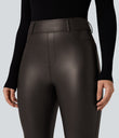 High Waisted Stretchy PU Fleece Casual Leggings with Pockets - Hot Fudge