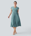 Breezeful™ V Neck Short Sleeve Pocket Tie Back Quick Dry Midi Casual Dress - Stone Blue