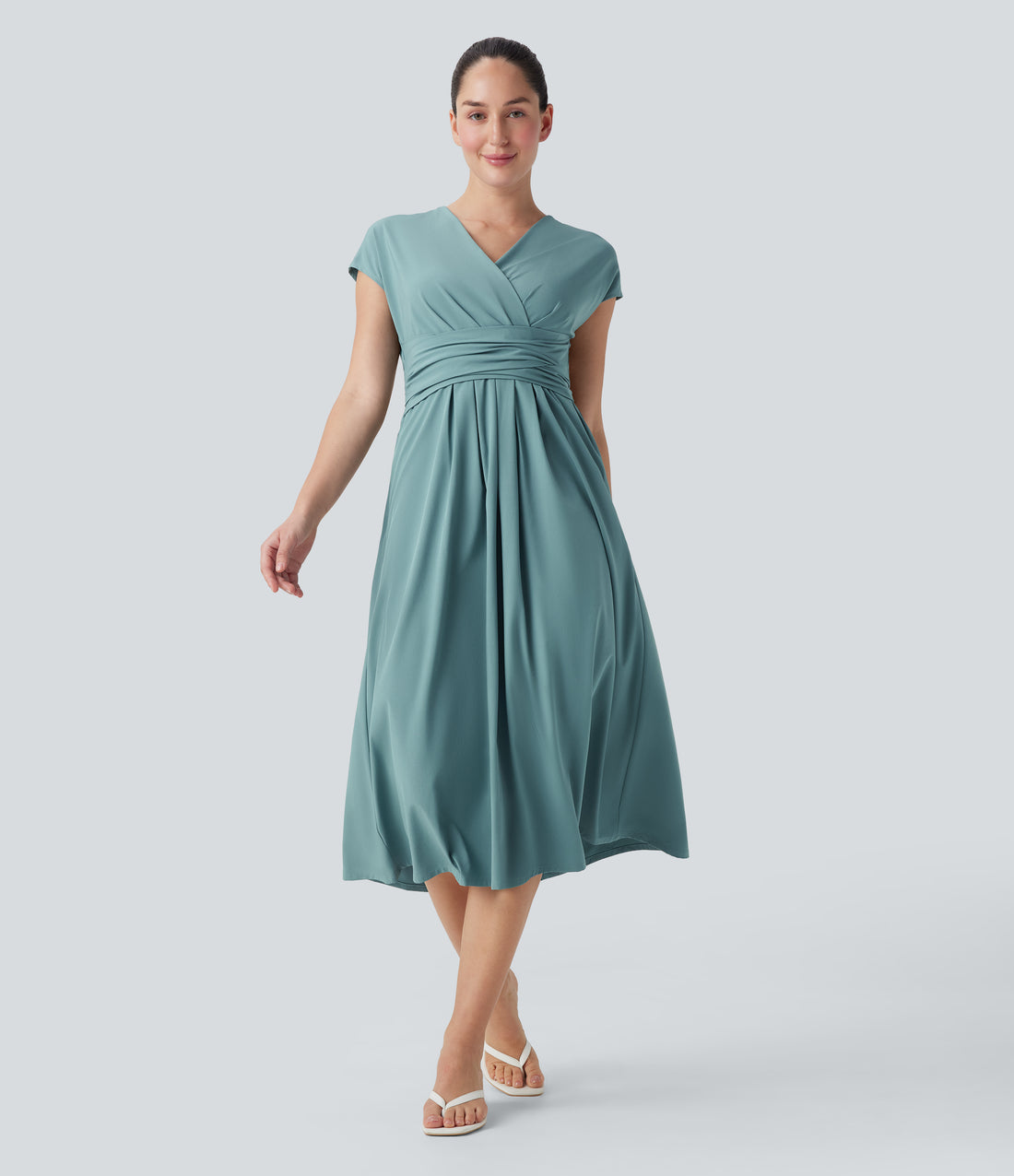 Breezeful™ V Neck Short Sleeve Pocket Tie Back Quick Dry Midi Casual Dress - Stone Blue