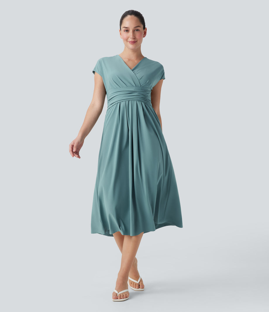 Breezeful™ V Neck Short Sleeve Pocket Tie Back Quick Dry Midi Casual Dress - Stone Blue