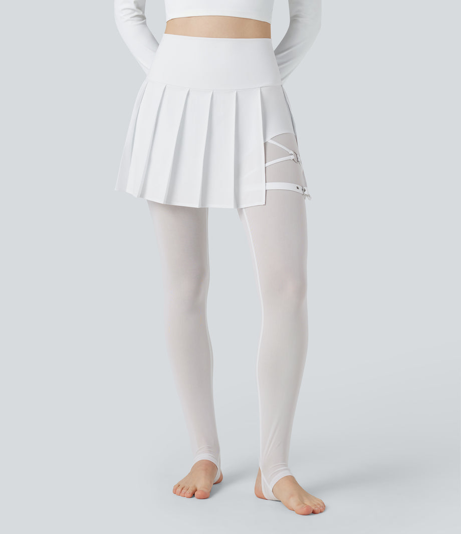 Breezeful™ High Waisted Pleated 2-in-1 Contrast Mesh Quick Dry Dance Stirrup Skirted Leggings with Pockets - White