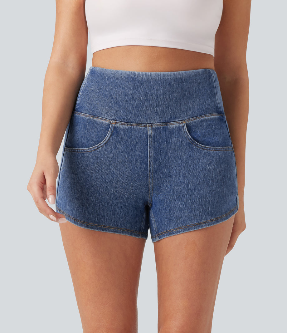 Halara Flex™ High Waisted Tummy Control Curved Hem Skinny Denim Casual Shorts with Pockets -  Blue Jasper Denim