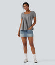 Square Neck Short Sleeve Casual Top - Ultimate Gray
