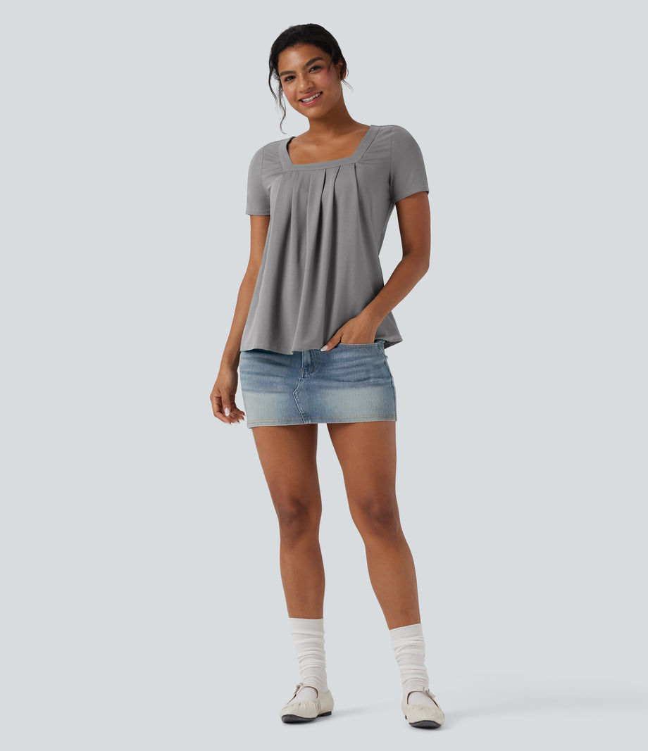 Square Neck Short Sleeve Casual Top - Ultimate Gray