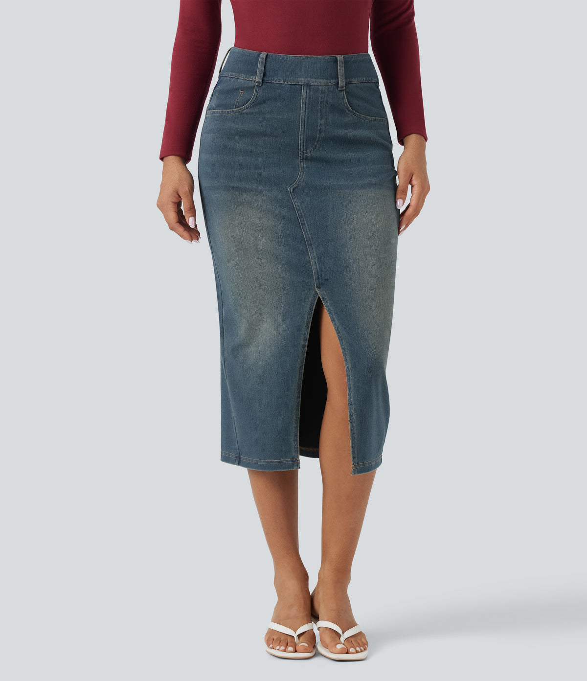 Halara Flex™ High Waisted Pockets Bodycon Washed Denim Casual Midi Skirt - Cement Blue Denim