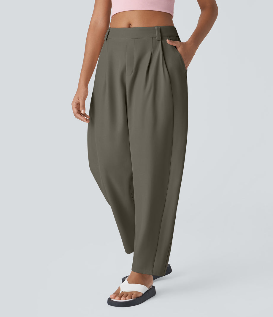 Mid Rise Pocket Barrel Leg Baggy Work Pants - Stone Gray