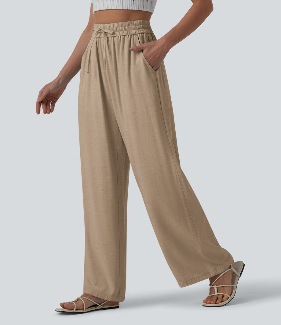 High Waisted Drawstring Wide Leg Casual Linen-Blend Pants with Pockets - Burro