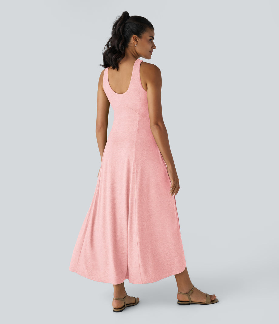 U Neck Flowy Maxi Casual Tank Dress - Creole Pink Floral Yarn