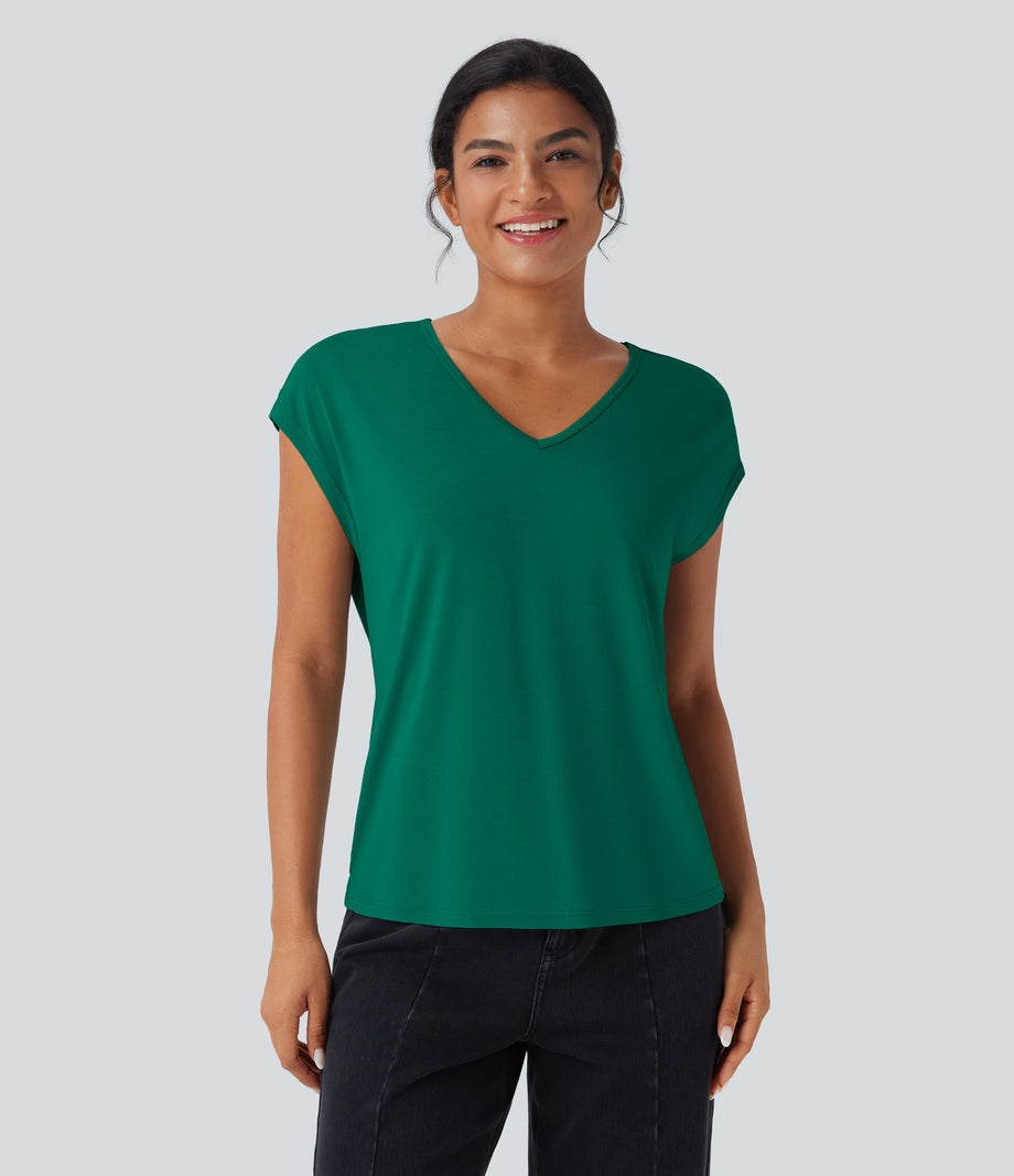 V Neck Short Sleeve Casual T-Shirt - Antique Green