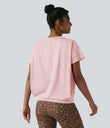 Round Neck Short Sleeve Ruched Cool Touch Yoga Sports Top-UPF50+ - Primrose Pink