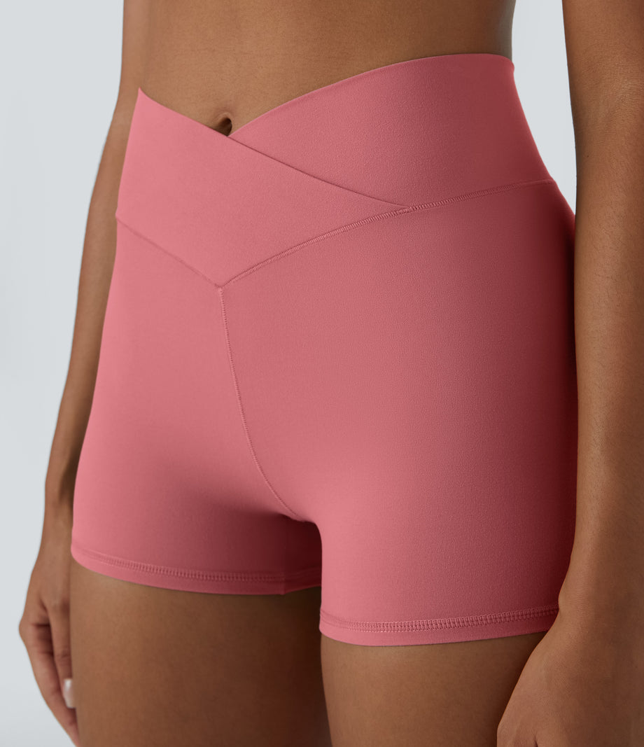 SoftlyZero™ High Waisted Crossover Plain Yoga Biker Shorts 3''-UPF50+ - Begonia Rouge