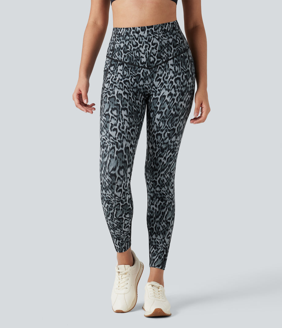 Halara UltraSculpt™ Leopard Print High Waisted Tummy Control Yoga Leggings with Pockets - Black and Silver Leopard Print