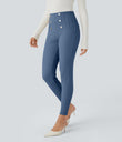 High Waisted Tummy Control Decorative Back Zipper Pockets Herringbone Work Leggings - Blue Horizon