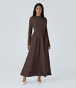Mock-neck Long Sleeve Pocket Flare Maxi Casual Dress - Chestnut