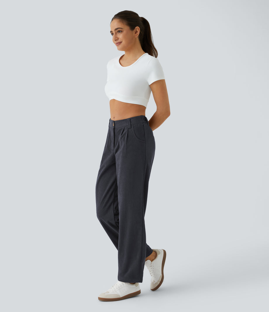 Mid Rise Zipper Pocket Corduroy Casual Pants - Phantom