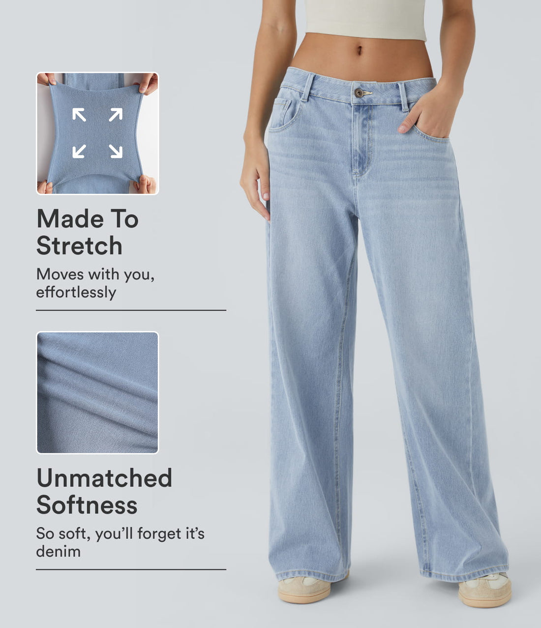 Halara Flex™ Low Rise Zipper Pockets Washed Baggy Wide Leg Casual Jeans - Light Azure Denim