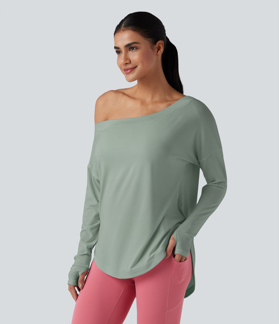 One Shoulder Long Sleeve Thumb Hole Curved Hem High Low Quick Dry Yoga Sports Top-Built-in Bra - Iceberg Green
