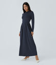 Mock-neck Long Sleeve Pocket Flare Maxi Casual Dress - Dark Sapphire