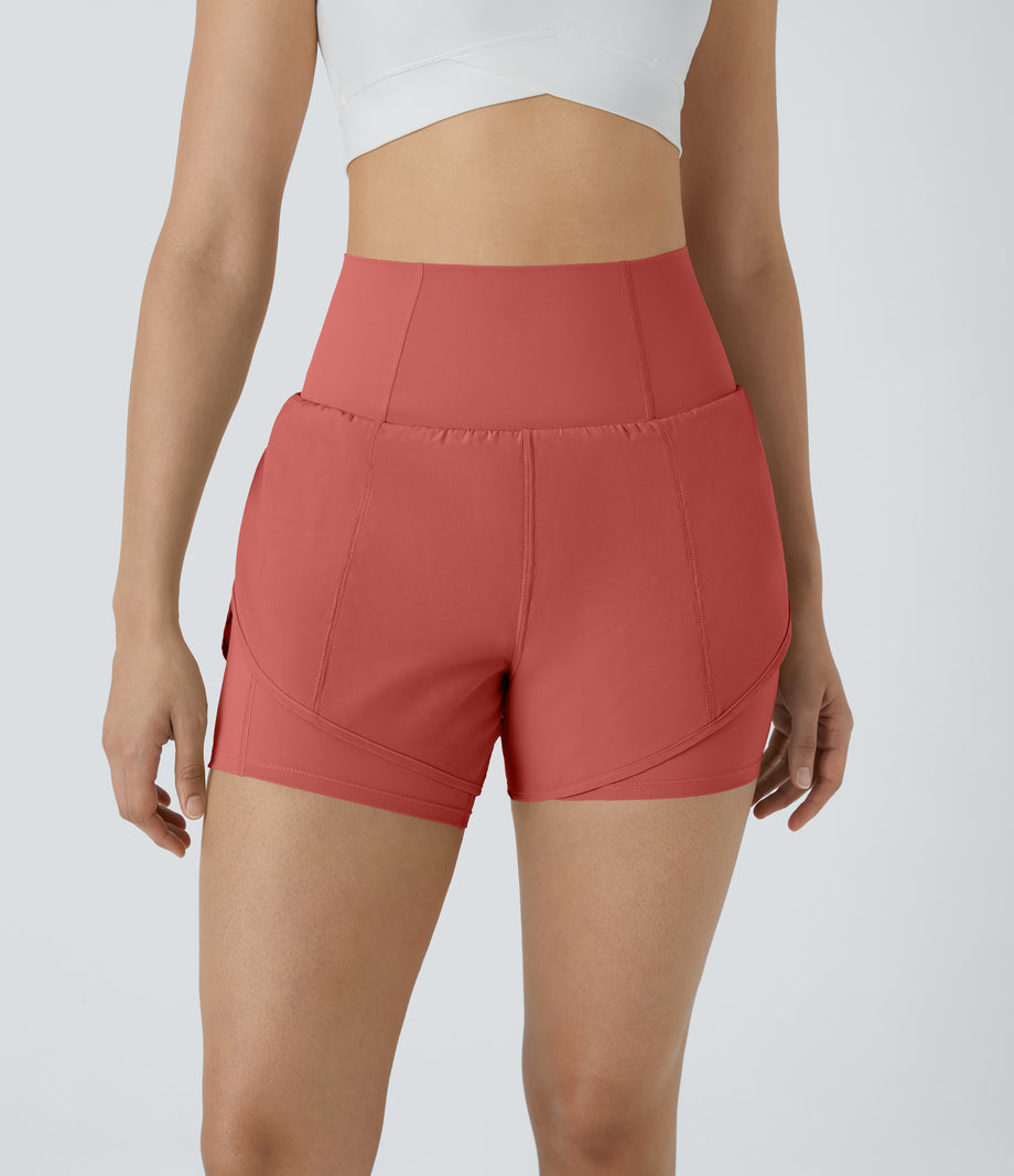 Breezeful™ Super High Waisted Curved Hem 2-in-1 Pocket Quick Dry Yoga Shorts 3.5'' - Rouge Dark Red
