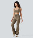 High Waisted Drawstring Stripe Flare Yoga Pants with Pockets - Cedar Brown