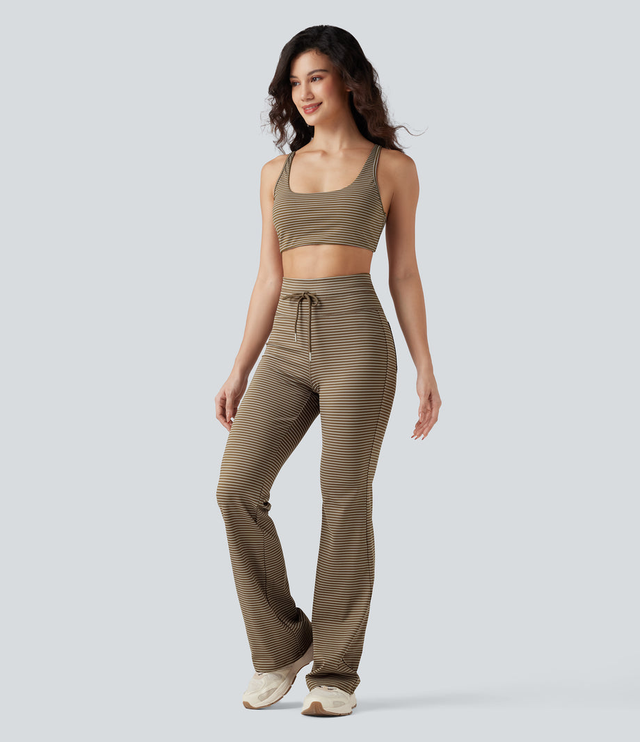High Waisted Drawstring Stripe Flare Yoga Pants with Pockets - Cedar Brown