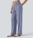 Crossover High Waisted Pocket Drawstring Casual Joggers - Light Blue Floral Yarn