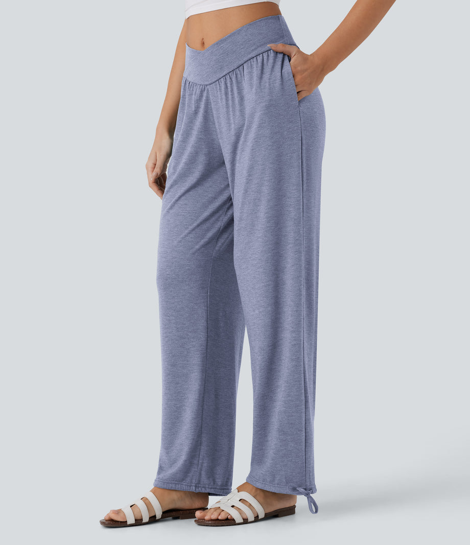 Crossover High Waisted Pocket Drawstring Casual Joggers - Light Blue Floral Yarn