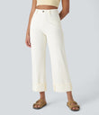 Halara Flex™ High Waisted Pockets Rolled Hem Wide Leg Washed Casual Jeans - Beige Denim