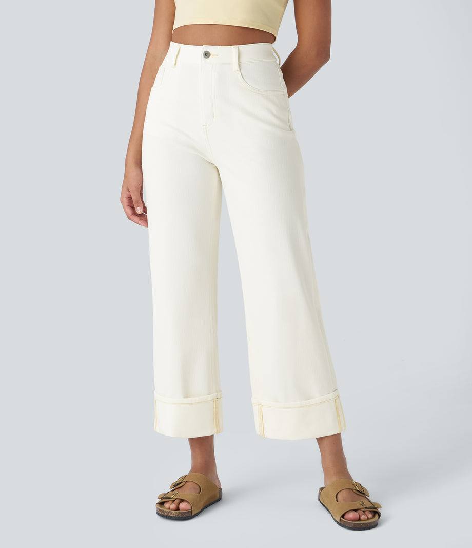 Halara Flex™ High Waisted Pockets Rolled Hem Wide Leg Washed Casual Jeans - Beige Denim