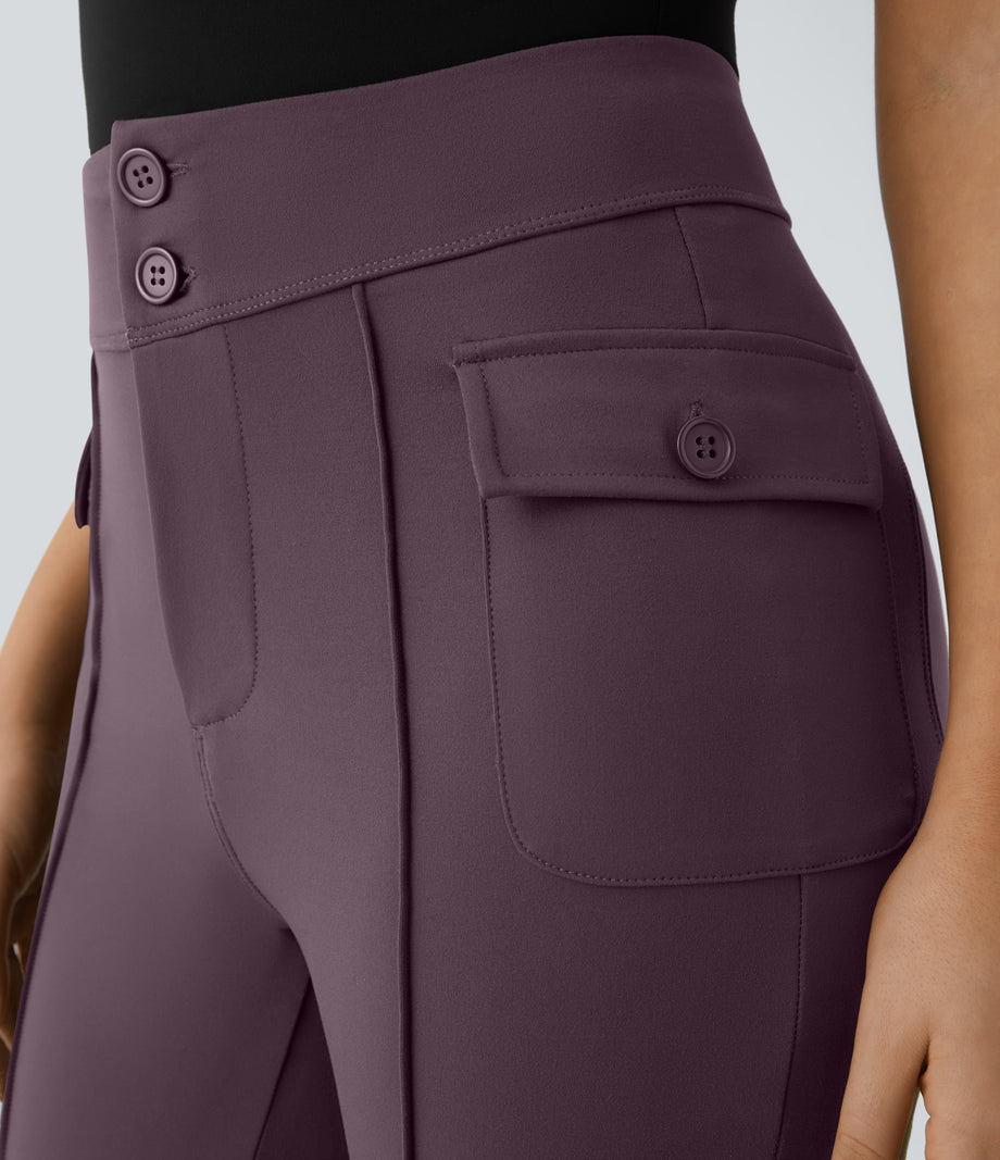 High Waisted Side Flap Pocket Flare Casual Cargo Pants - Dusky Evening purple
