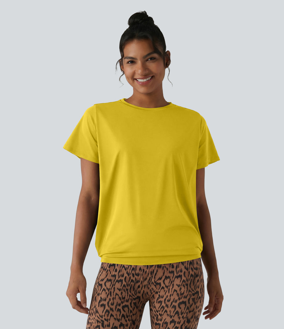 Round Neck Short Sleeve Ruched Cool Touch Yoga Sports Top-UPF50+ - Mango Mint